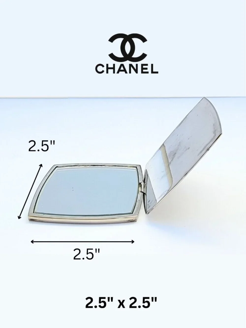 CHANEL authentic vintage compact mirror, silver &  silver mesh sleeve, CC logo
